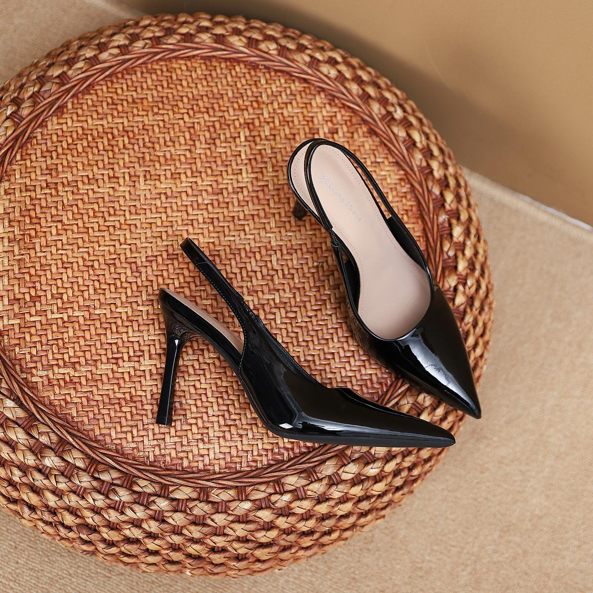 

2199-6 Europe and the United States sexy black pointed strap high heel sandals new bag head empty word with thin heel sandals 35 чёрный