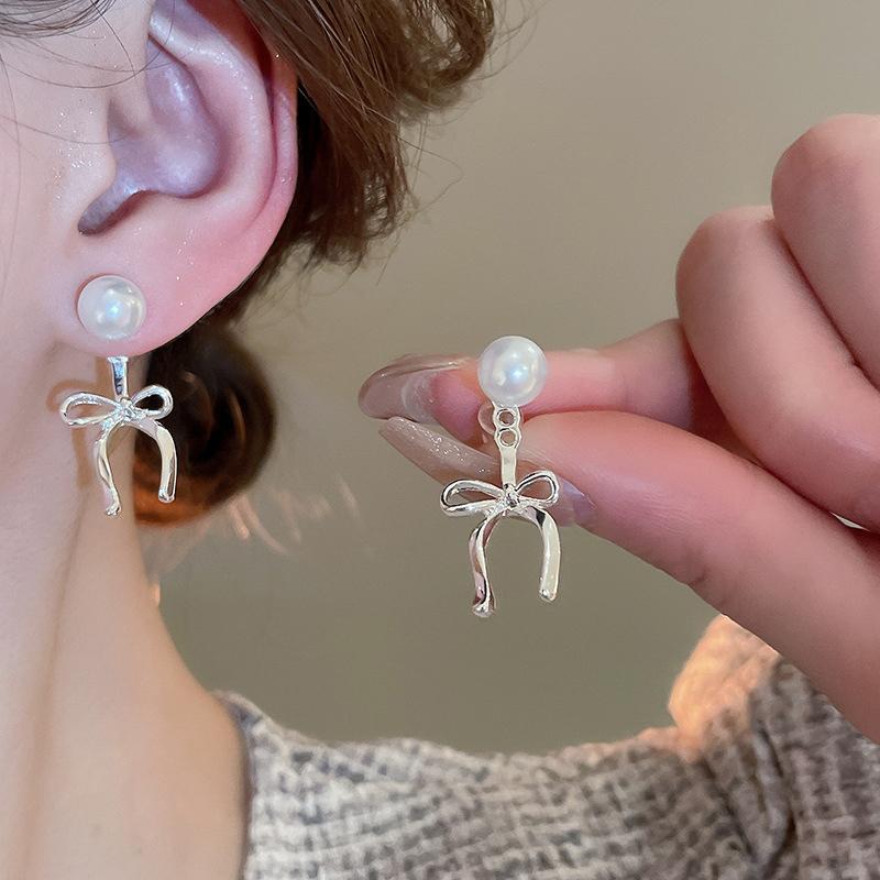 1Pair Korean Style  Pearl Bow Earrings For Women Girls High End Simple Elegant Ear Studs Wedding Party Jewelry Gift