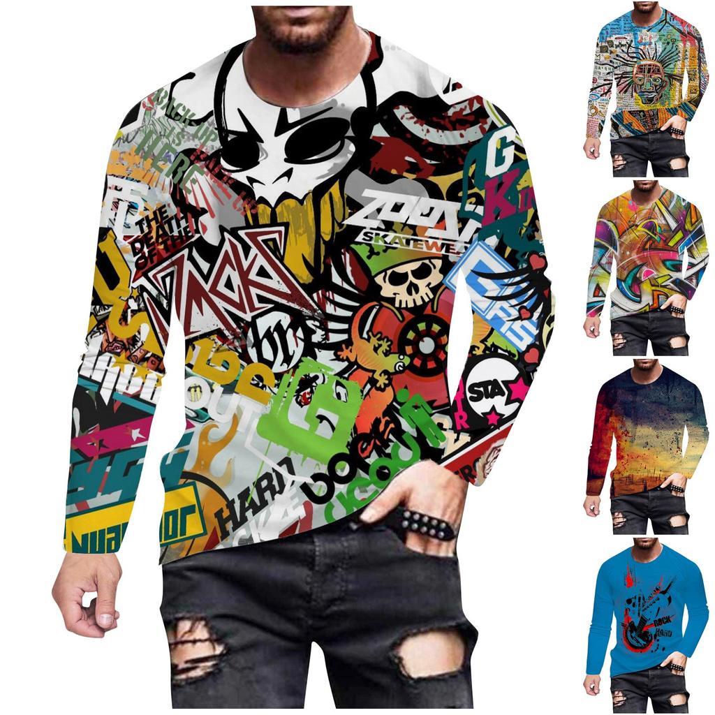 Men's Fashion Casual Printed Long Sleeve O-Neck Shirts Tops Blouse