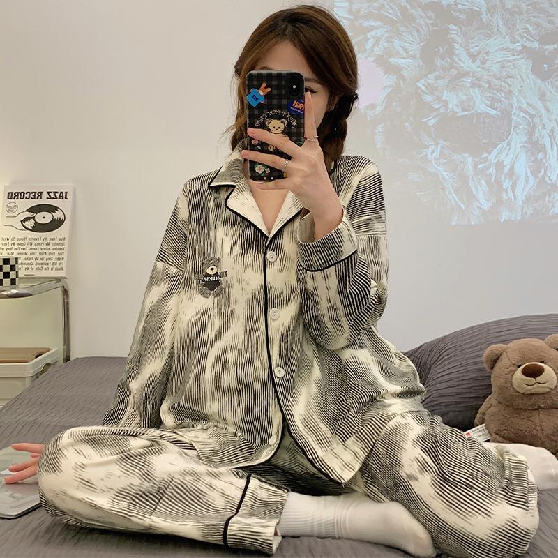 "Cute Dog Dachshund" ins cartoon spring and autumn striped pajamas women's cardigan long-sleeved loungewear autumn and winter suit