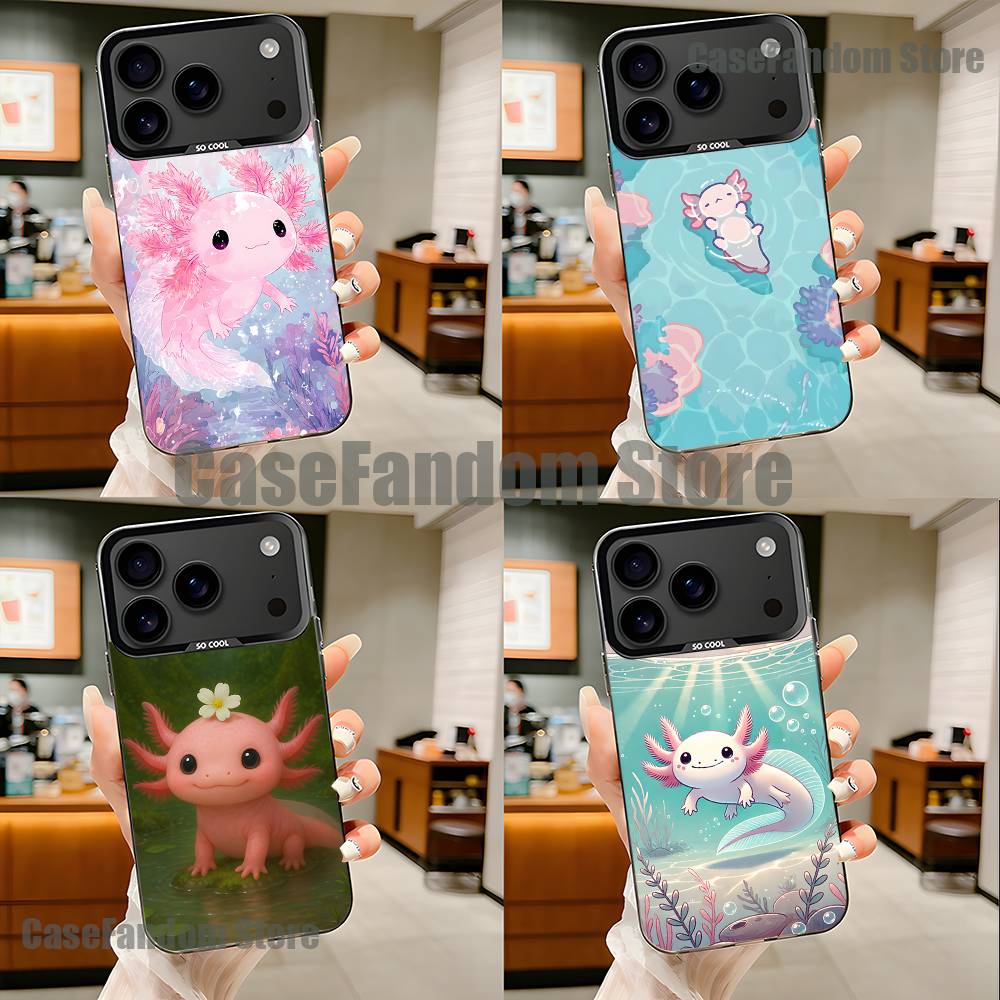 Cute Axolotl Phone Case For iPhone 17,16,15,14,13,12,11,Pro,Max,Plus,Black Matte Shockproof Cover