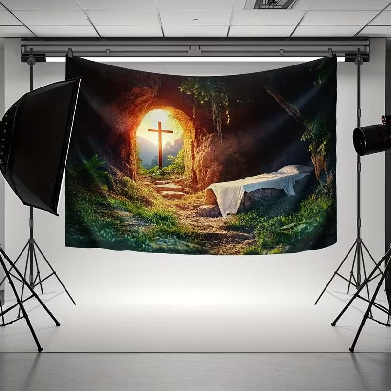 2D Christian Resurrection Backdrop, Empty Tomb with Cross Photography Background