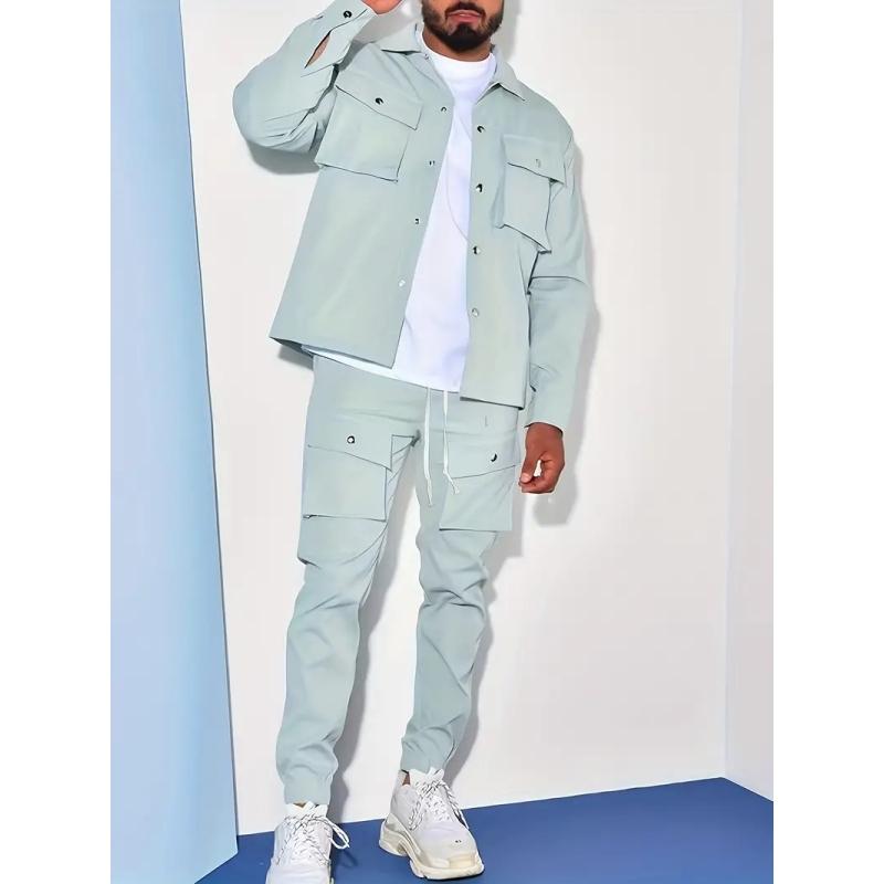 Men's, Solid Color Long Sleeve Button Down Jacket with Chest Pocket and Drawstring Pants with Multiple Pockets, Outdoor 2 Piece Set