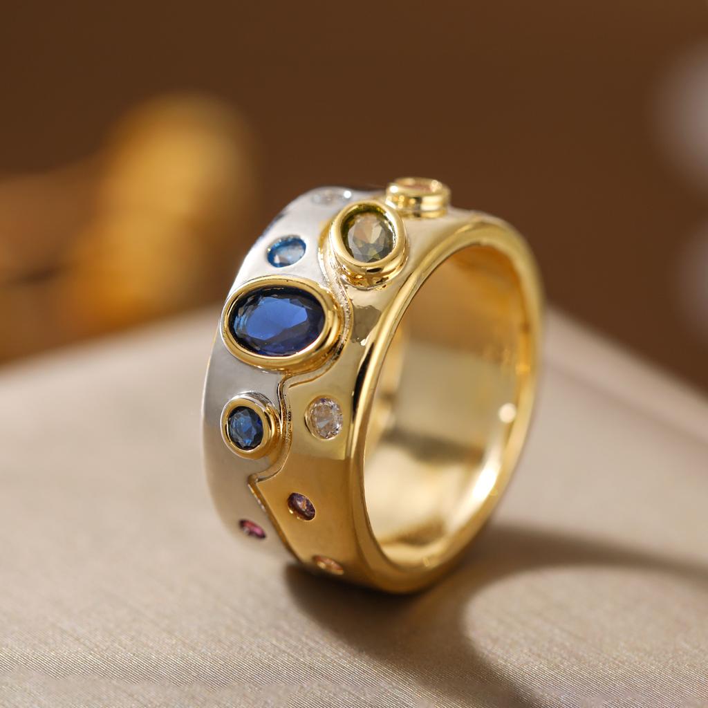 Luxury Two-tone Wide Band Colorful Synthetic Gemstone Ring Copper Material Women Jewelry Ring For Banquet