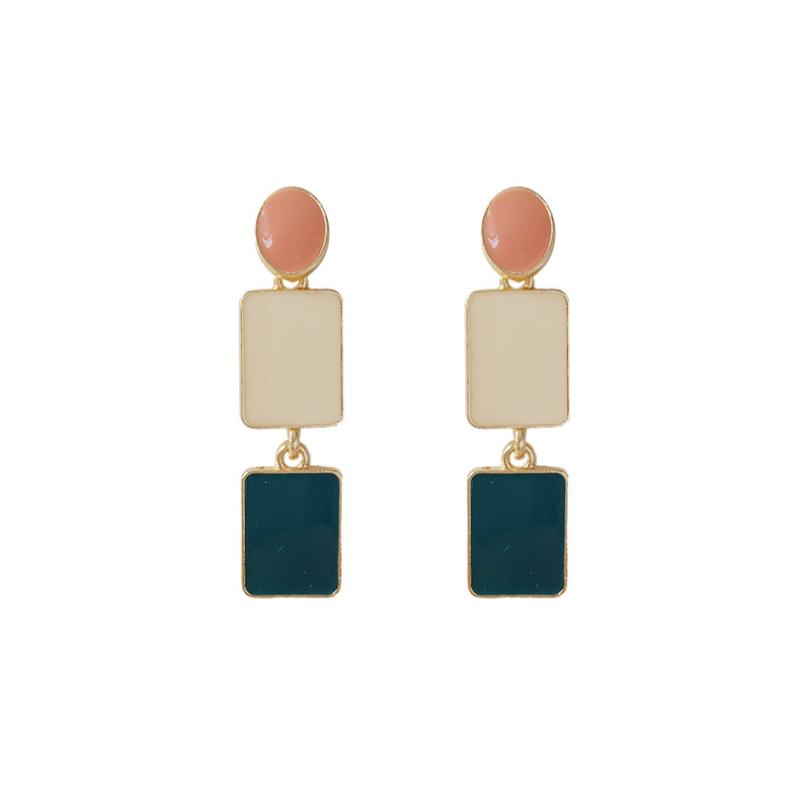 Contrasting Colors Square Dangle Earrings for Women Green Orange Enamel Oil Round Drop Earrings Party Sweet Jewelry Gift