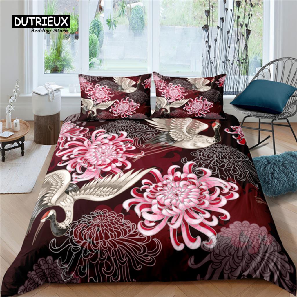 Home Living Luxury Flower Crane Print 2/3Pcs Soft Duvet Cover Set PillowCase Queen and King Size Kids Bedding Set EU/US/AU Size