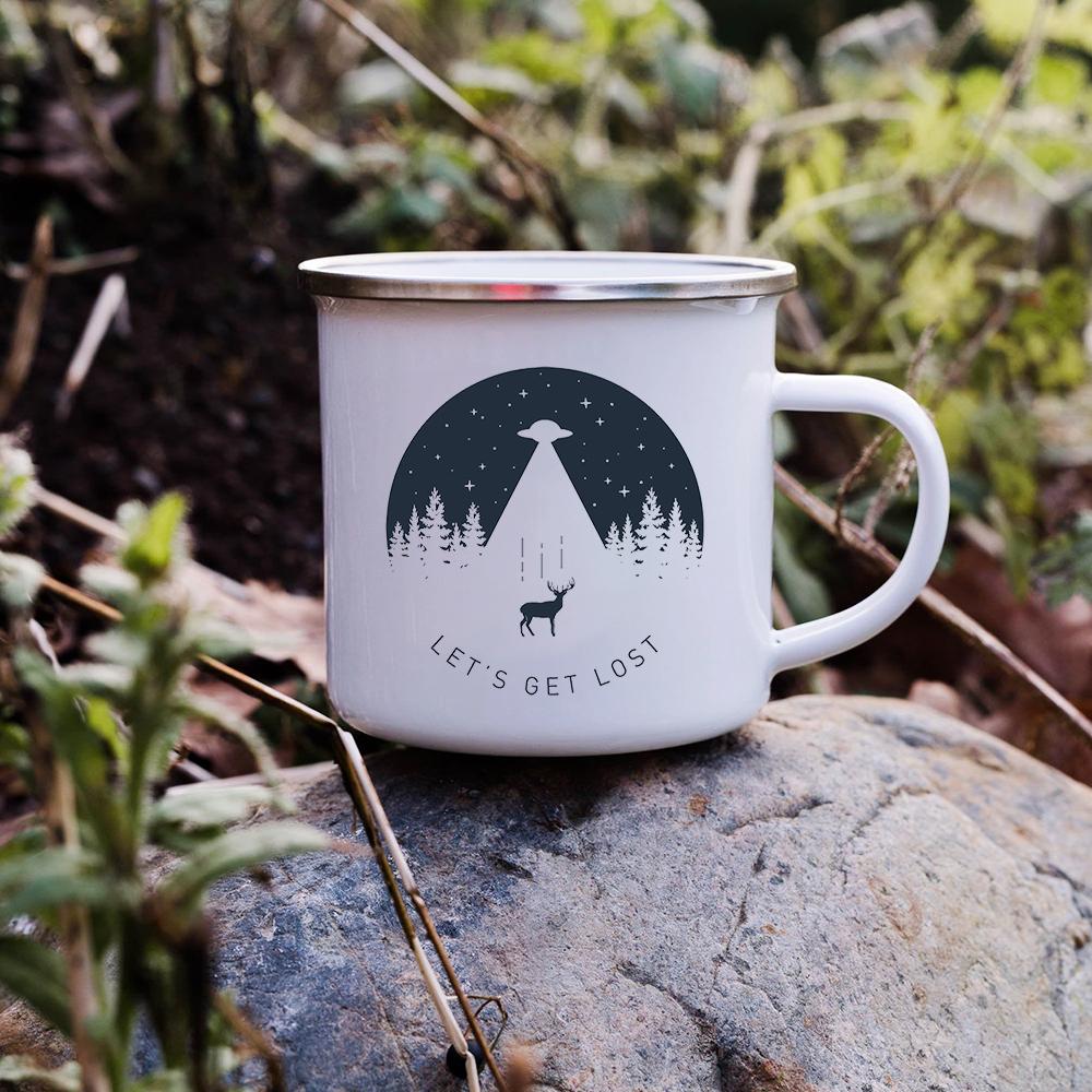 Sunset Forest Creek Creative Enamel Coffee Mugs Outdoor Travel Water Cups Camping Bonfire Party Beer Drink Milk Mug Best Gifts