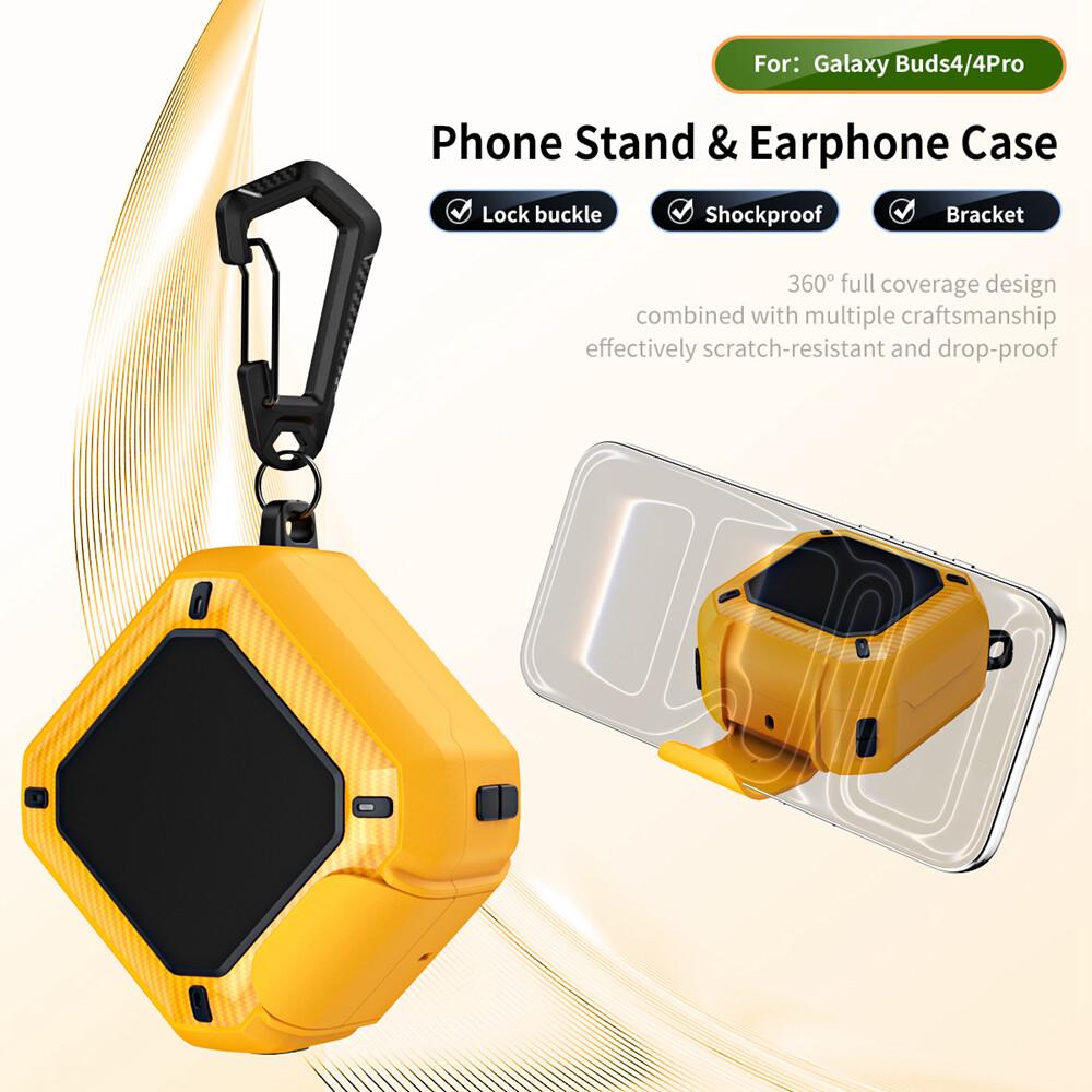 KEYSION Bluetooth Earphone Case for Samsung Buds 4 Pro Silicone+PC With Phone Stand Hook Shockproof Cover for Galaxy Buds4 4 Pro