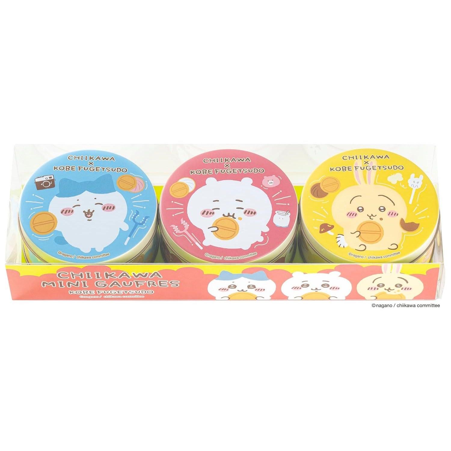 Regular product Kobe Fugukudo Chiikawa Mini Gaufre Cookies tin (Chiikawa Hachiwari Rabbit 3-can set) 6 pieces each (3 vanilla strawberry flavor 2