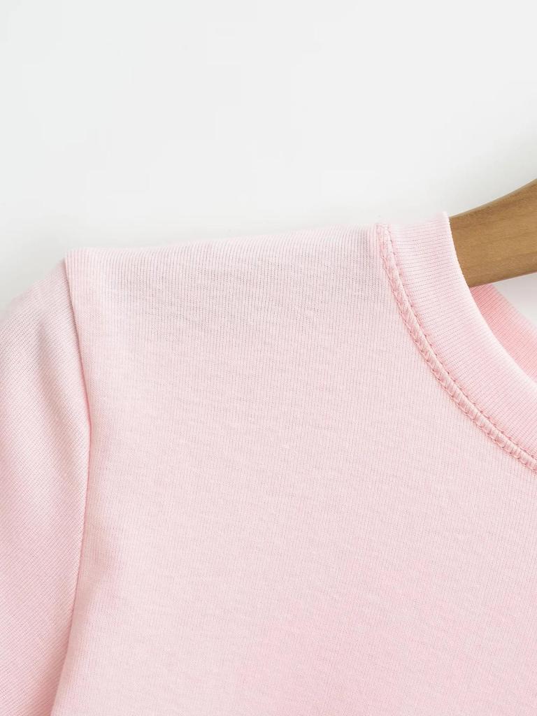 Retro Solid Color Slim Fit Crop Top with Round Neck & Short Sleeves