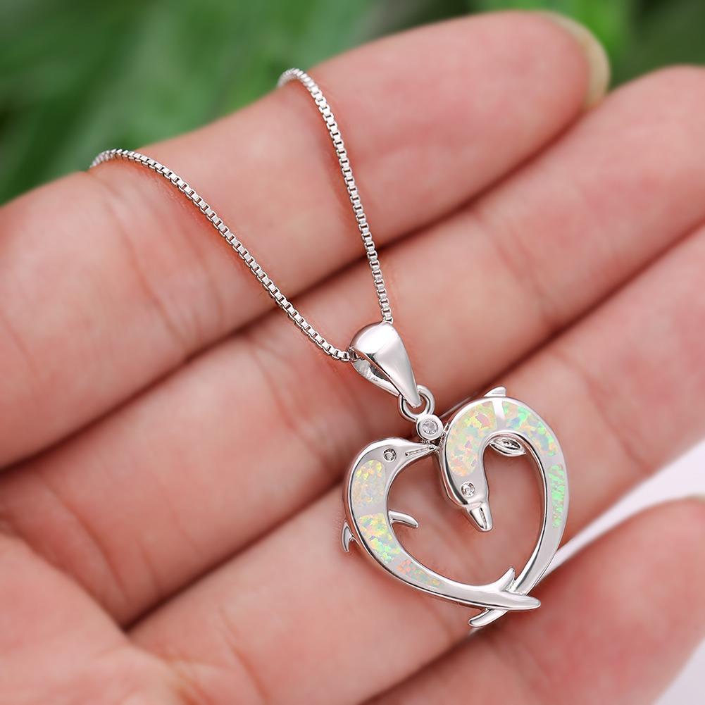 Boho Fashion Two Dolphins Heart Shaped Pendant Necklace for Women Girl Inlay Imitation Blue Opal Necklace Wedding Party Jewelry
