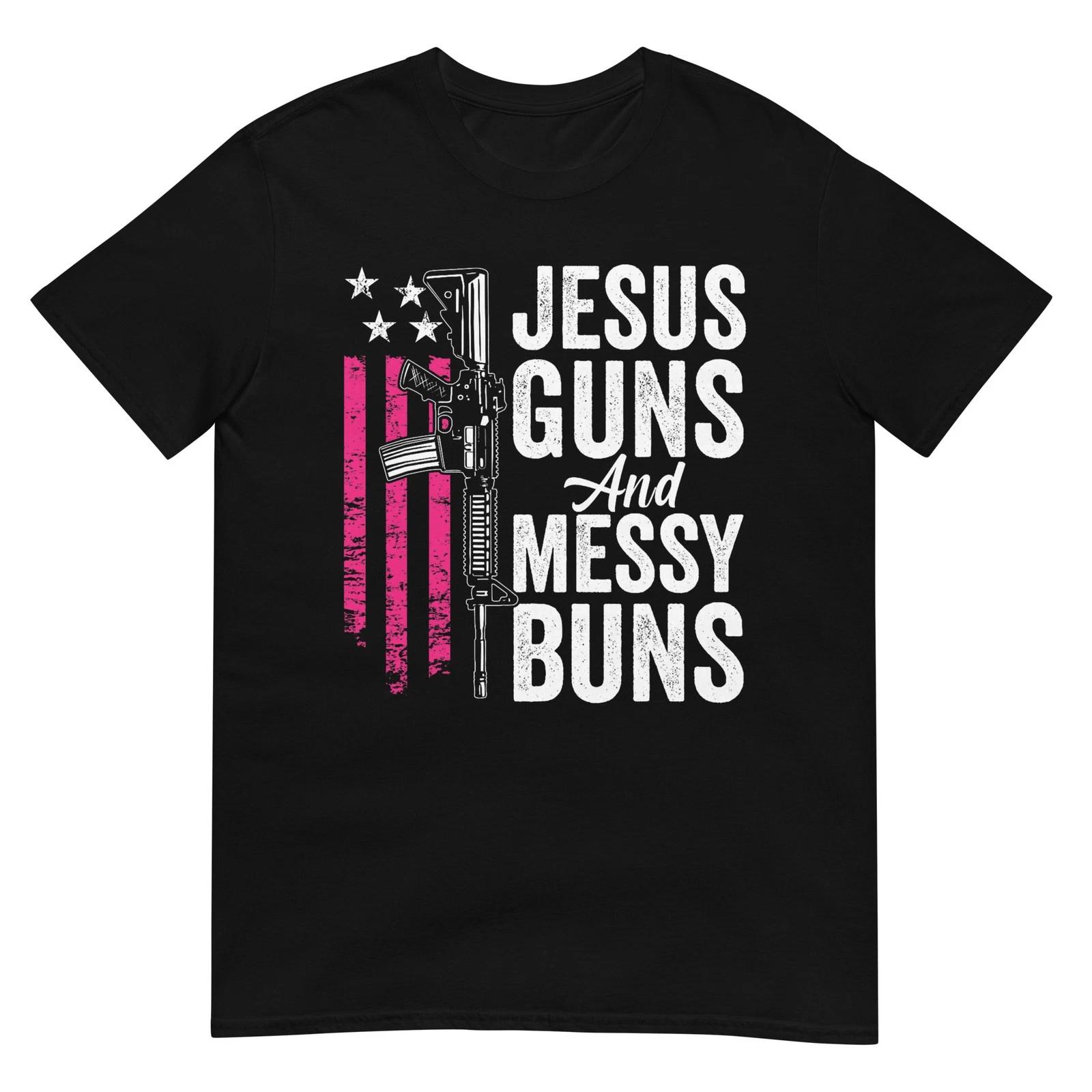 

Jesus Guns And Messy Buns - Women God Guns Pink USA Flag T-Shirt L