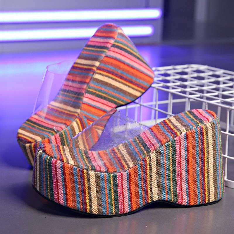 Thick-bottomed slope heel one-word slippers women's high-heeled sponge cake solid color cloth surface beach cool slippers