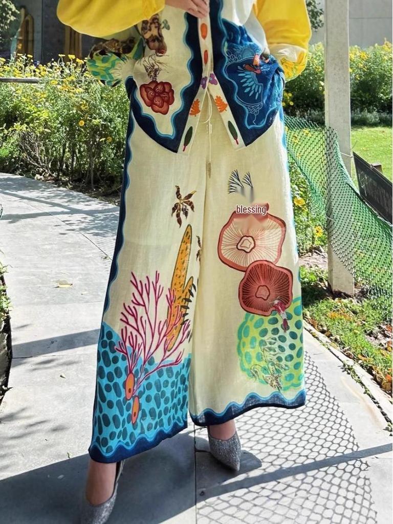 2025 European-American Linen Holiday Casual Printed Pants Set