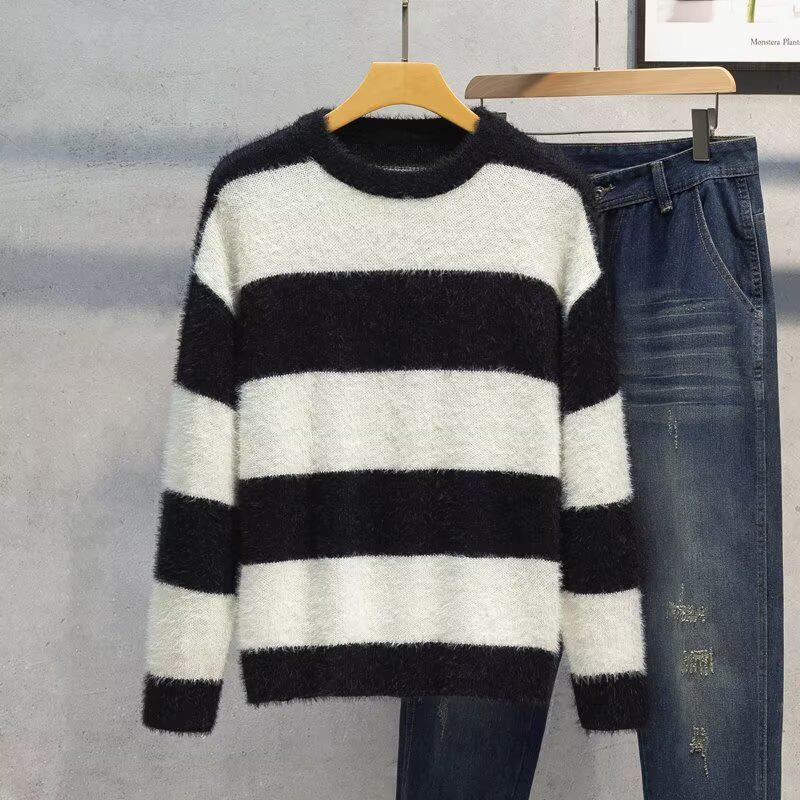 Men's Mink Velvet Sweater: High-End, Thick, Loose-Fit, Black & White Striped Knit for Autumn/Winter - Couple's Lazy Style