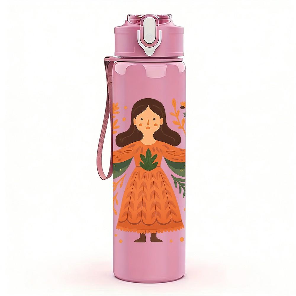 1PC Floral Angel Girl Art 750ml Color Plastic Sports Water Bottle Leakproof Flip Straw Lid Suitable for Sports Office Home Use