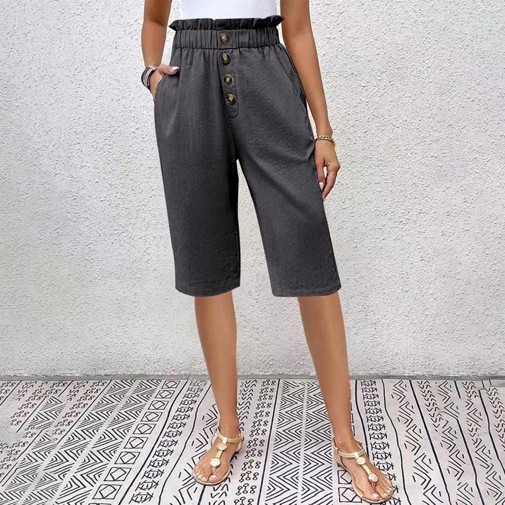 New Solid Color Cotton And Linen Pocket Button Women'S Casual Pants Shorts