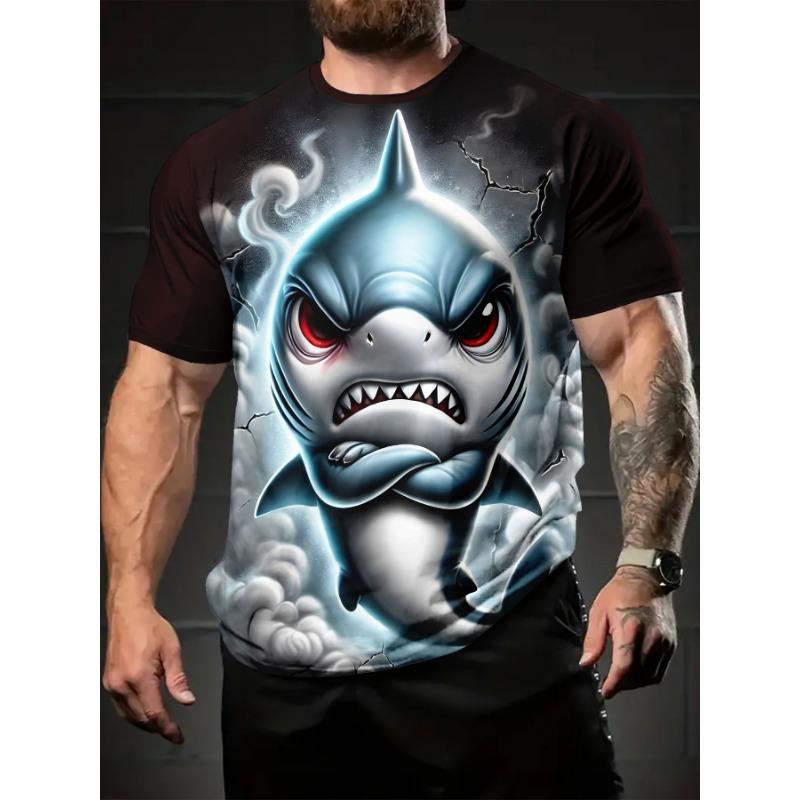 Men S Breathable Fabric T-Shirt with a Slight Stretch Featuring a Bold 3D Digital Shark Print. S