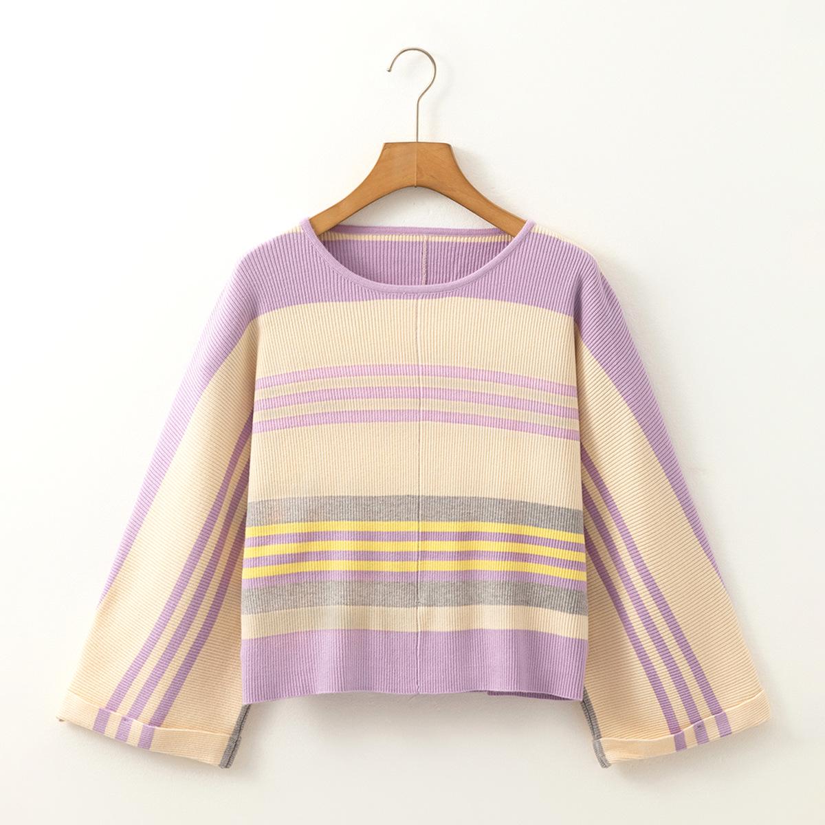 

Shiying Fashion Полосатый Топ с Цветными Блоками - Женский Европейский и Американский Простой Свободный Свитер с Коротким Рукавом Medium фиолетовый