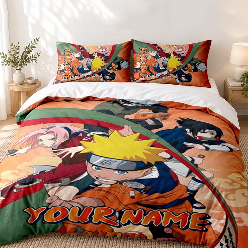 Naruto Custom Name 3pc Set Perfect for Bedroom Use Comfortable Bedding Set Includes a Duvet Cover and Two Pillowcases Ideal Birthday or Christmas Gift
