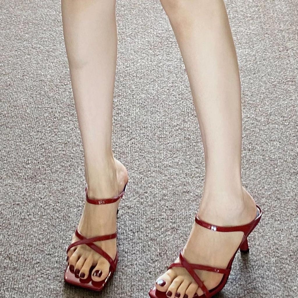 Super white! Can wear slippers outside women's summer 2025 new red cross with square head stiletto high heel sandals