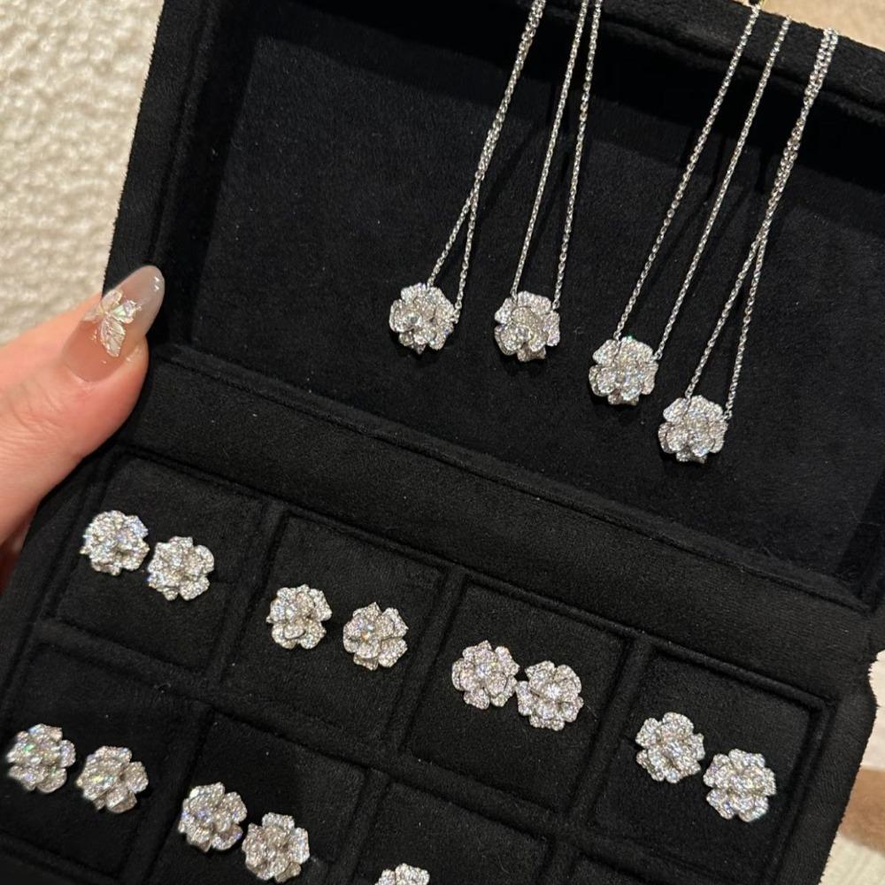 Elegant Camellia Flower Necklace with Diamond Rose Ring and Open Bracelet Women Jewelry Set