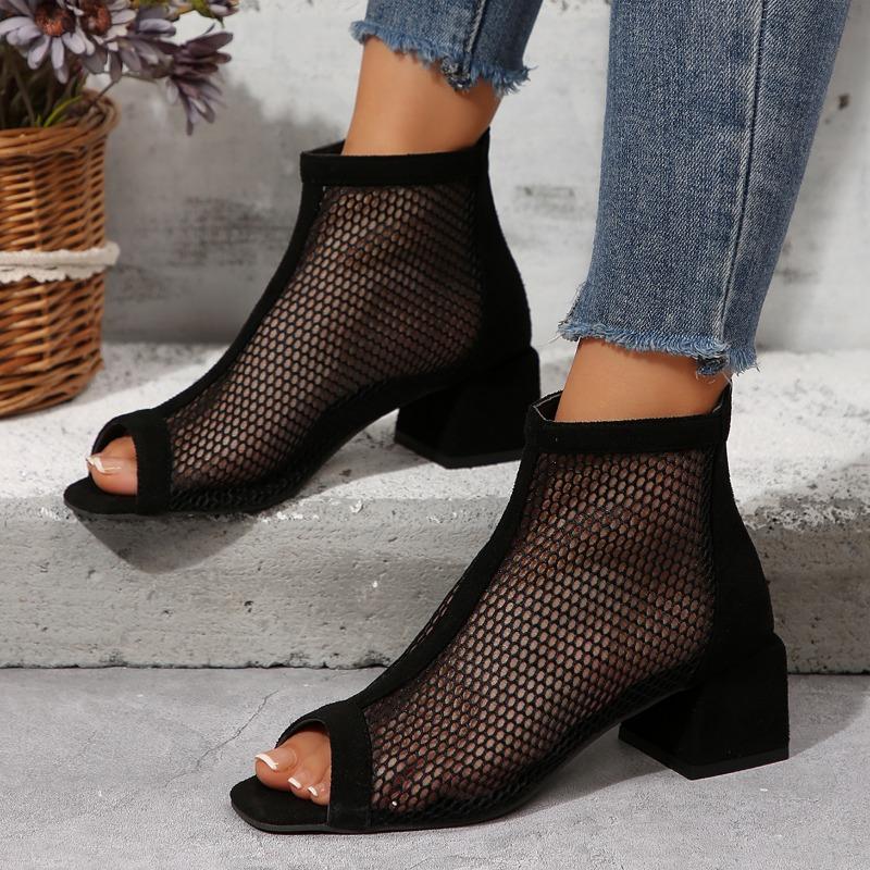 Fashion 2024 Summer Boot Zapatos Chaussures Femme Zipper Square High Heel Leopard Woman Shoes Women Mesh Suede Ankle Boots Size 43