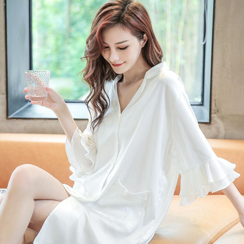 Nachtwäsche für Damen im Sommer, sexy und süß, kurzärmelig, dünnes weißes Hemd, mittellang, locker sitzender Pyjama