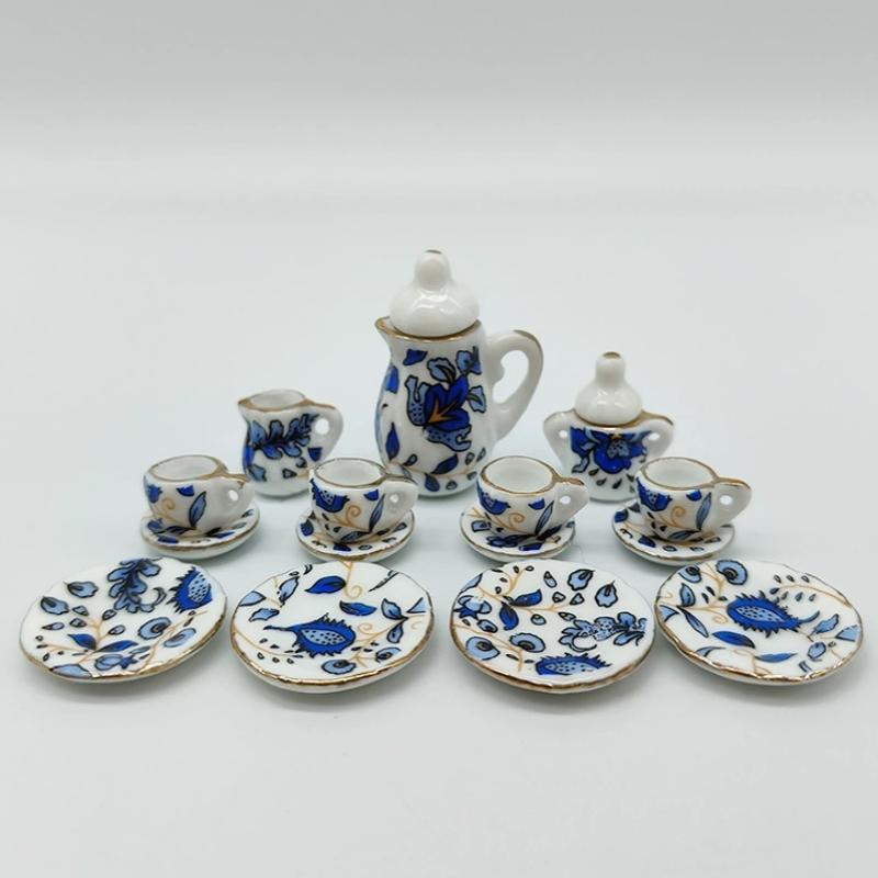 15Pcs Desk Top Mini Doll House Accessories Ceramic 7 Styles China Tea Cup Pocket Tea Set For Dollhouse Decor Kids Pretend Play