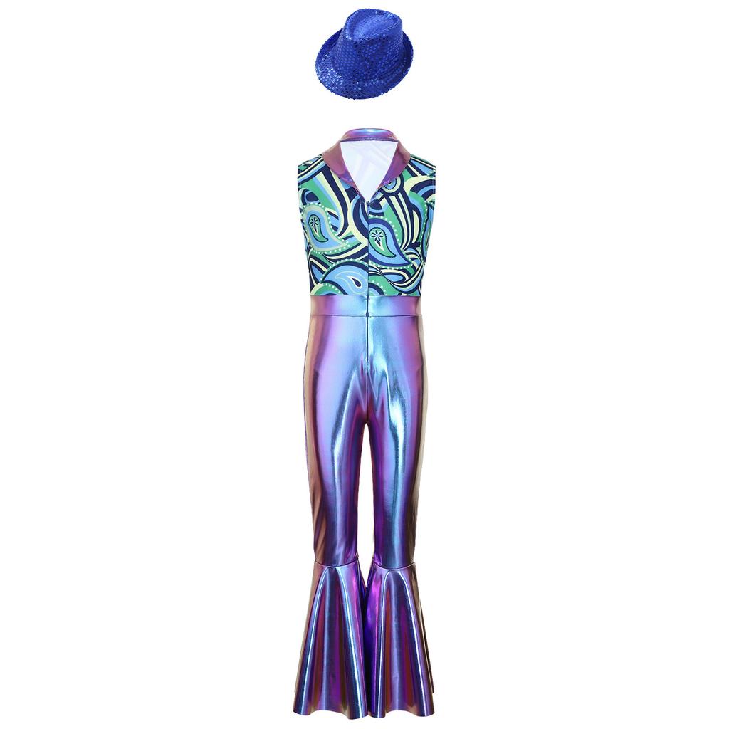 Boys Disco Metallic Glossy Sleeveless Print Patchwork Long Flare Pants Jumpsuit Sequins Fedora Hat