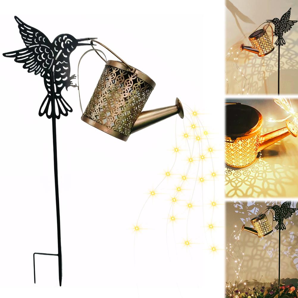 Solar Watering Can Light Metal Hanging Lantern Waterproof Hummingbird Watering Can Light Decorative for Garden Yard Balcony