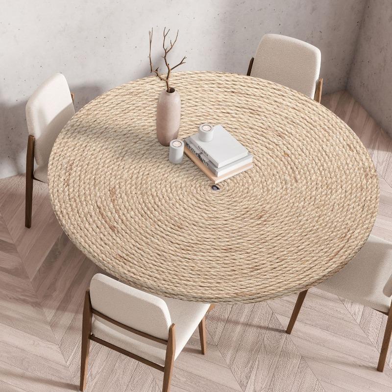 Wooden Patterns Round Table Cover Waterproof Oilproof Stain-Resistant Print Elastic Tablecloth for Kitchen Home Dustproof Decor