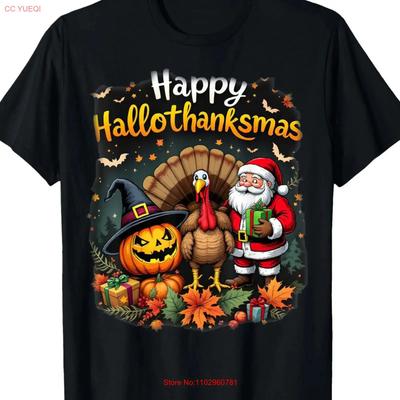 Unisexs Happy Hallothanksmas T Shirt Santa Pumpkin Turkey Autumn Lea Vintage Slightly Top For Everyday Wear Unisex