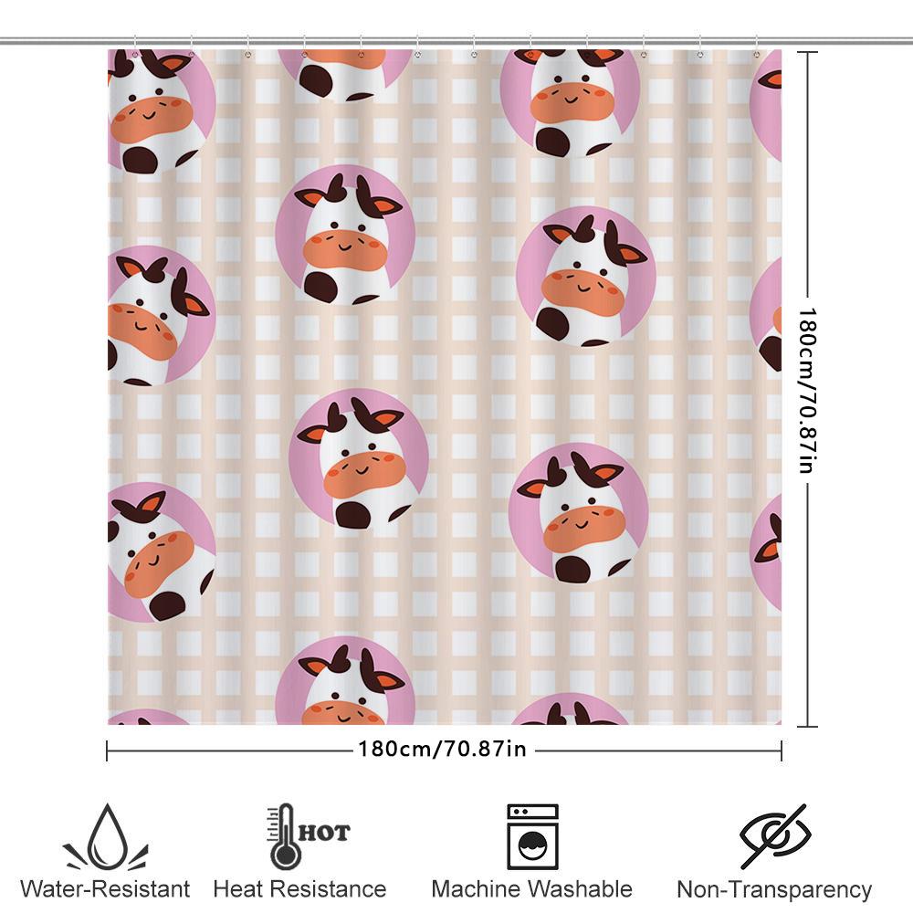 Pink Cow Printed Shower Curtain Cute Bathroom Decor For Kids Bathrooms Waterproof Fabric With Hook Rings Set (180X245Cm)
