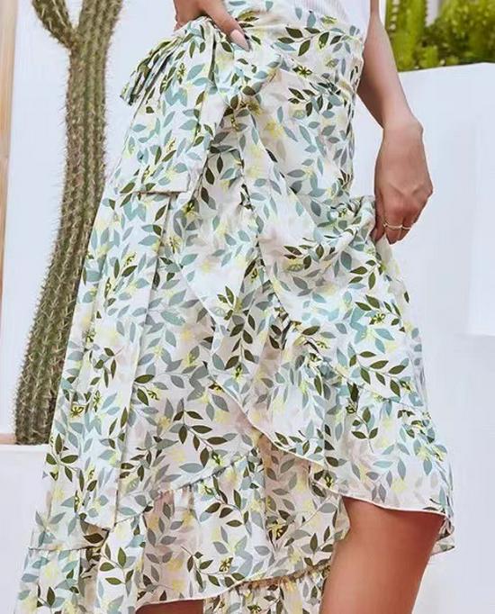 Women's Chiffon Floral Print Irregular Tie-Up Slit Half-Skirt