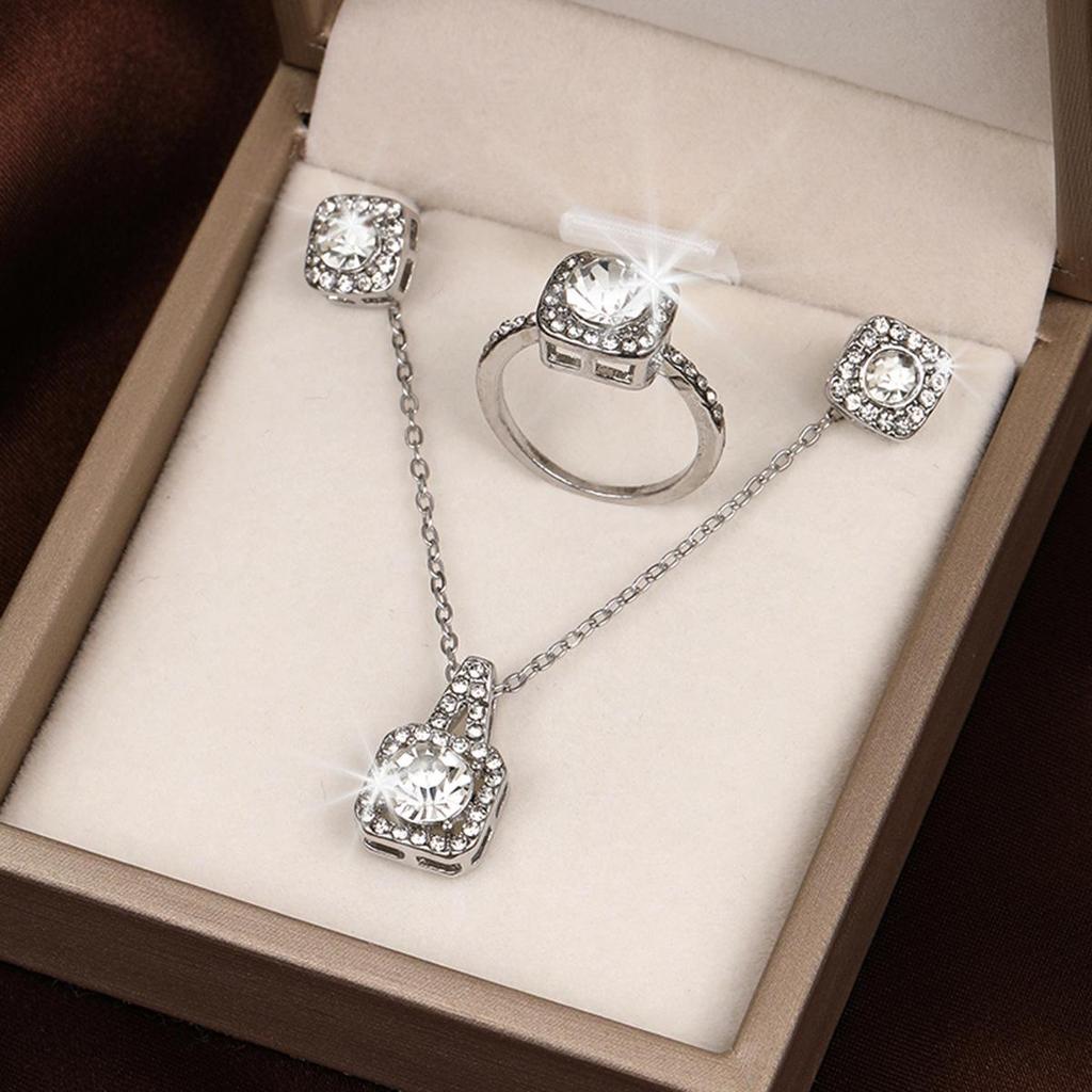 Stylish Zircon Jewelry Set: Square Cut Pendant Necklace, Stud Earrings, and Ring