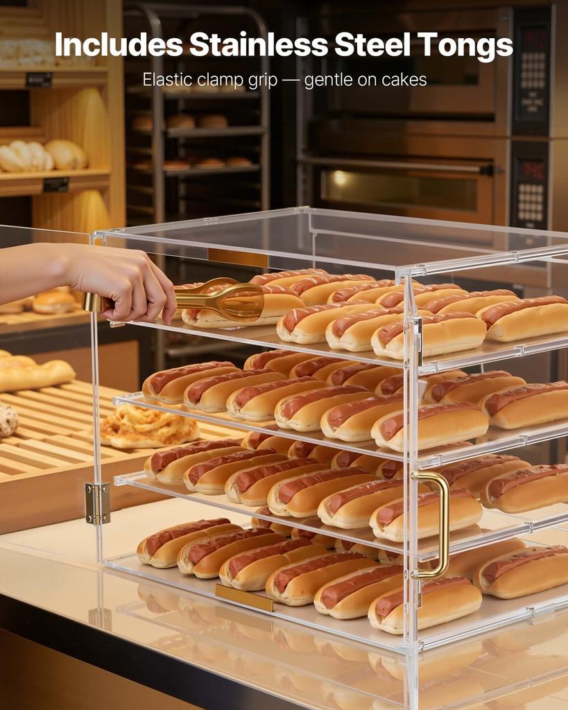 Bakery Display Case, 4-Tier Commercial Countertop Pastry Display Case, Clear Acrylic Bread Box for Kitchen, Party Cake Cabinet with Magnetic Rear Door