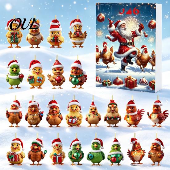 Christmas Tree Decor Chicken Advent Calendar 2026, 24 Days Countdown with 2D Flat Surprise Acrylic Ornament, Cartoon Hanging Pendant for Tree, Holiday