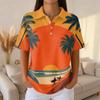 Damen Casual Kurzarm Hawaiian Print Waffelstrick Poloshirt Knopfleiste Tropisches Blumenmuster Sommer Oberteil