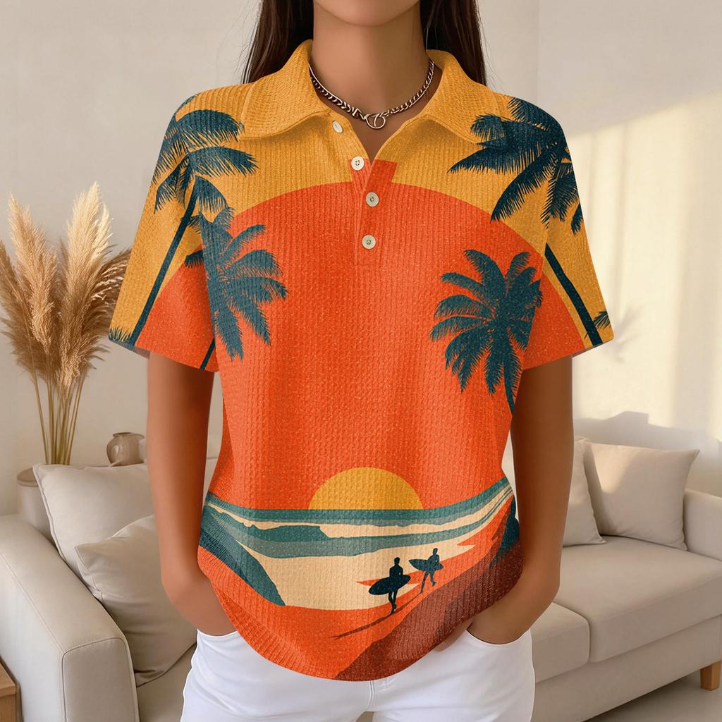 Damen Casual Kurzarm Hawaiian Print Waffelstrick Poloshirt Knopfleiste Tropisches Blumenmuster Sommer Oberteil