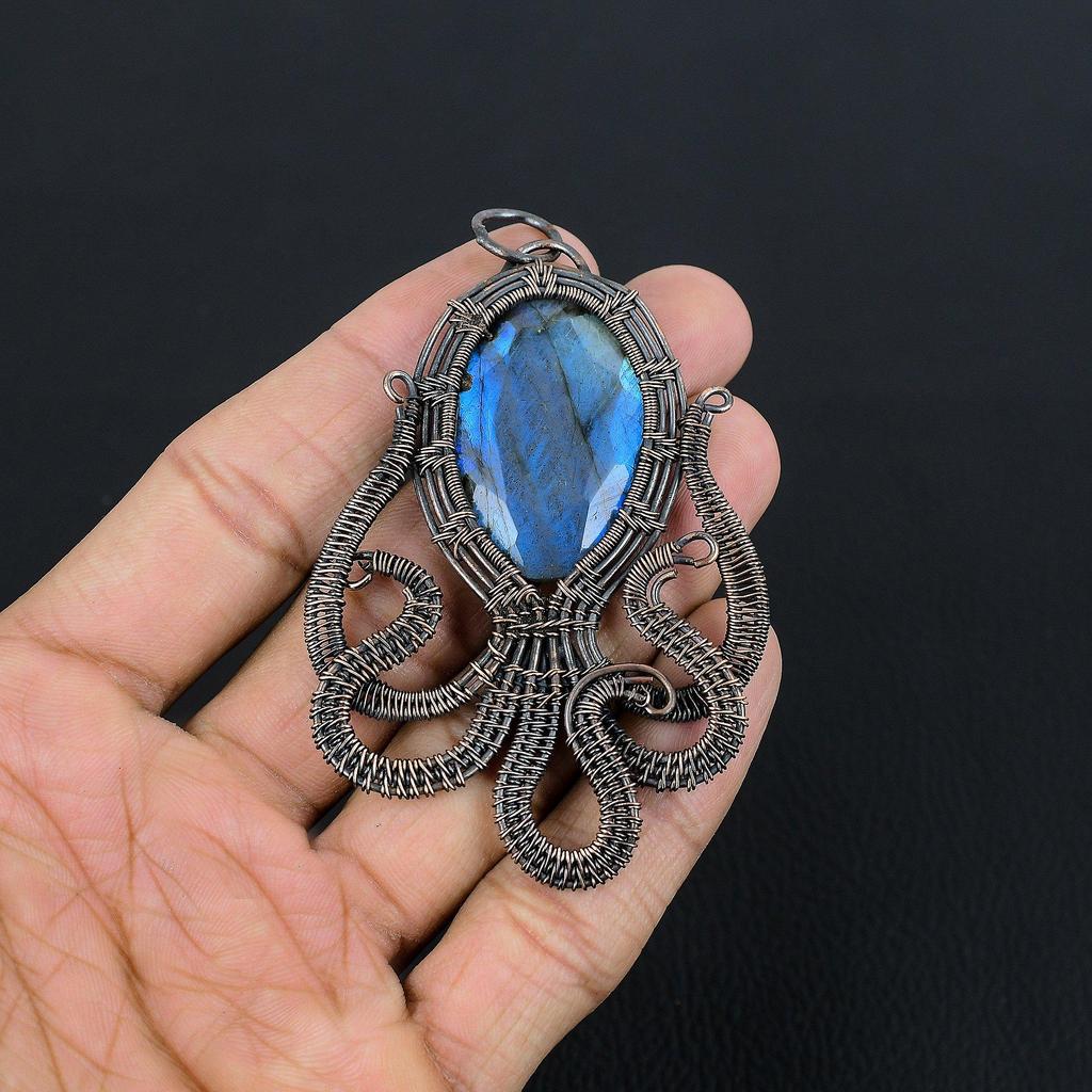 Labradorite Pendant, Handmade Gemstone 999 Copper Wire Wrapped Pendant Antique Jewelry, For Gift Silver Jewelry