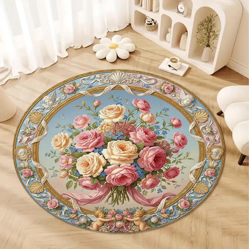 Vintage Rose Runder Teppich, Teppich für Wohnzimmer Schlafzimmer Sofa Spielzimmer Dekor, Rutschfeste Bodenmatte109
