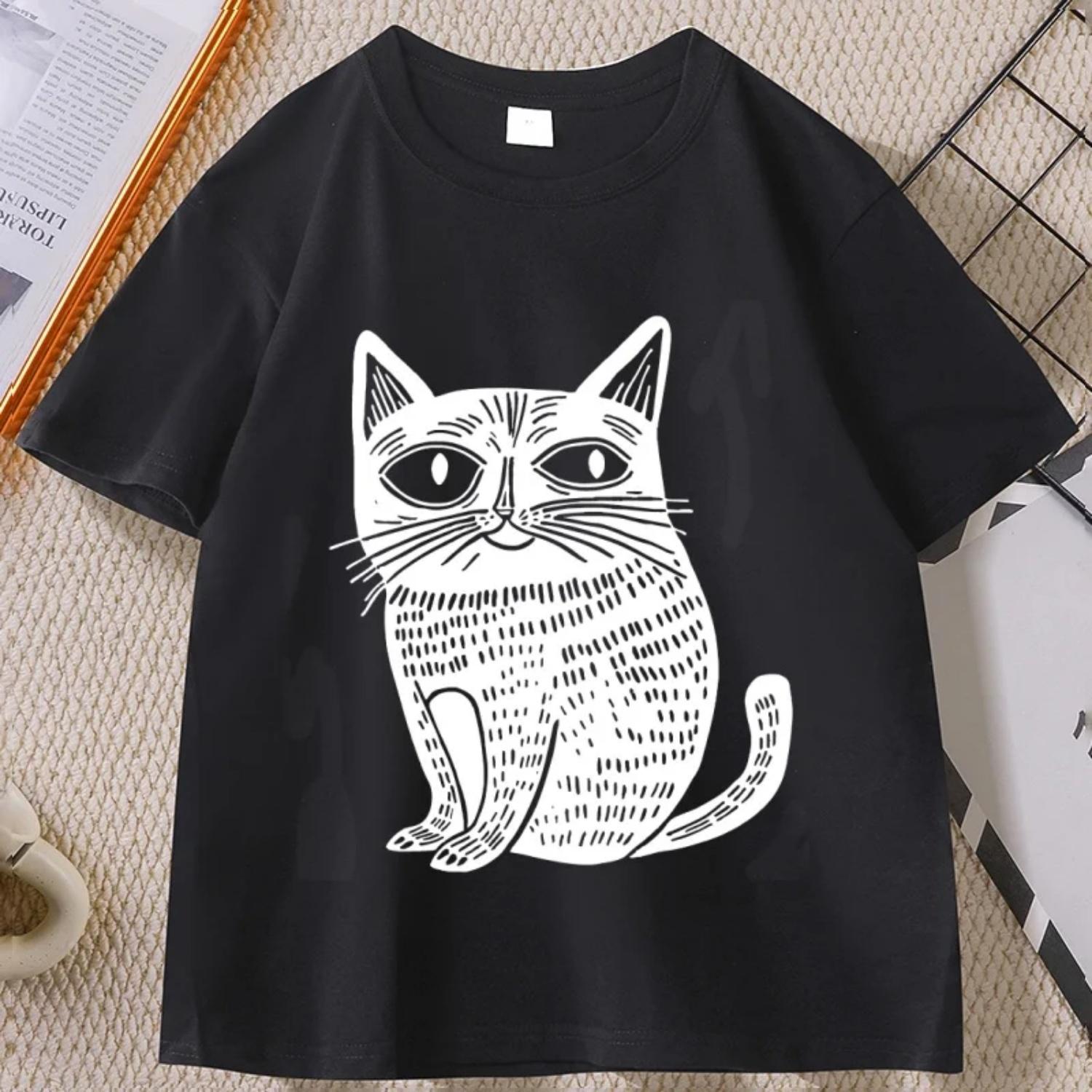 

Funny Unique Cat Graphic T-Shirt Men Women Weird Cats T Shirt Vintage Round Neck Cool Streetwear Soft Breathable Tshirt Clothes S чёрный