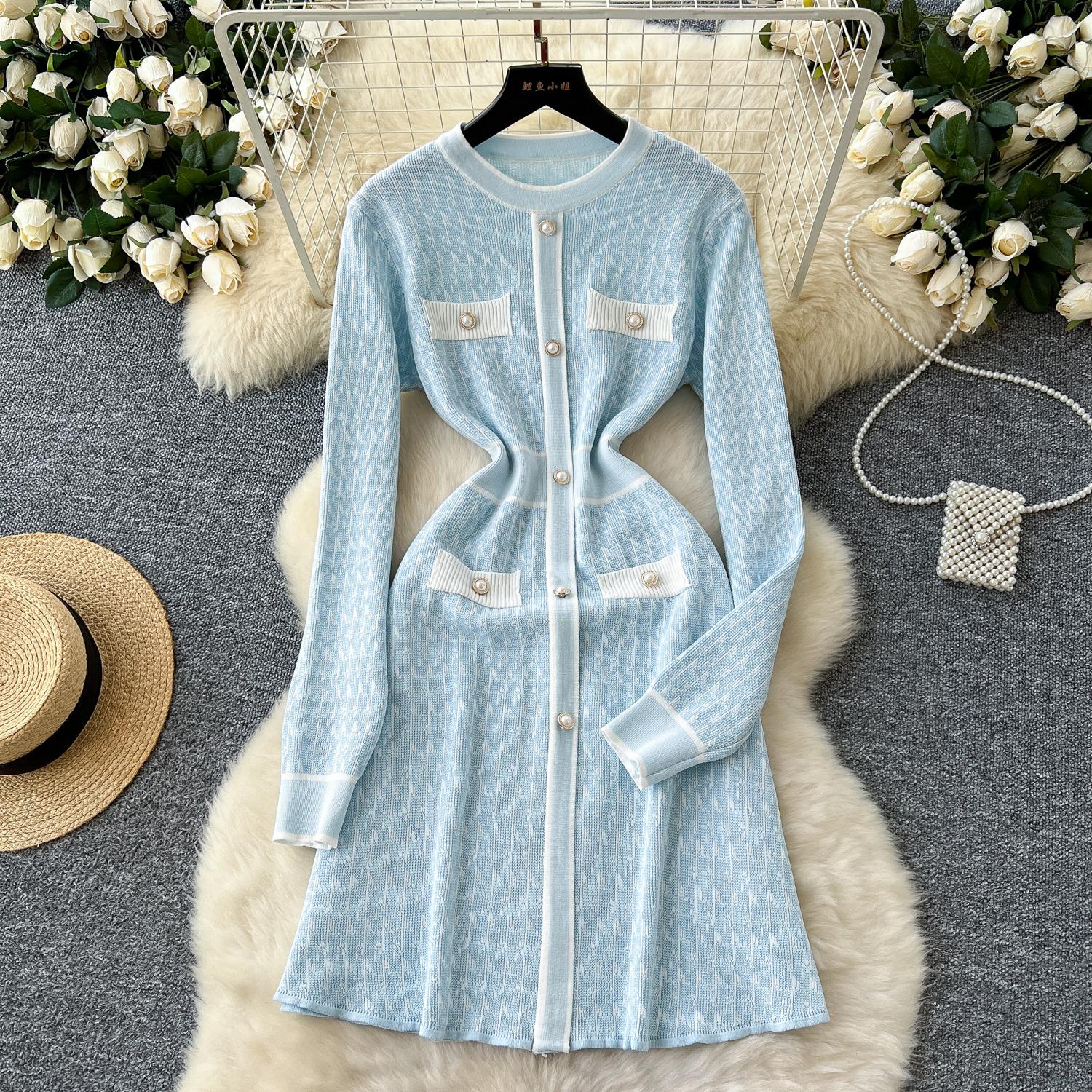 

Весна Осень Женщины Элегантный О-образный вырез Вязаный свитер Офис Вечеринка Принт Пуловер Короткие платья One Size синий