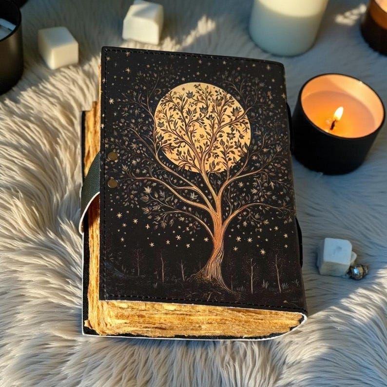 Tree of Life Book of Shadows, Moon Tree Leather Grimoire, Wiccan Pagan Witchcraft Journal, Celestial Spellbook with Deckle Paper