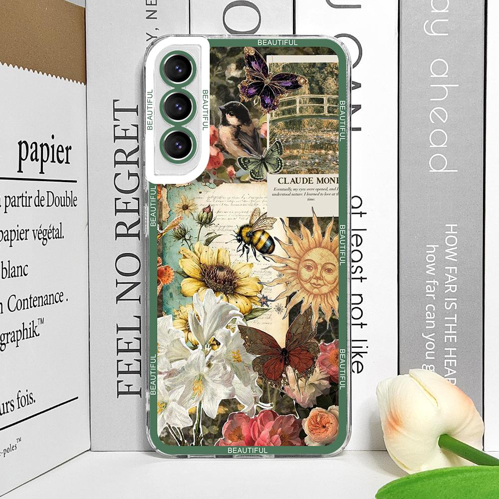 

Cool Green Retro Flower Stickers Phone Case for Samsung Galaxy S22 S23 S24 Ultra S25 Plus S21 FE 5G Soft TPU Clear Covers Fundas Samsung S23 FE