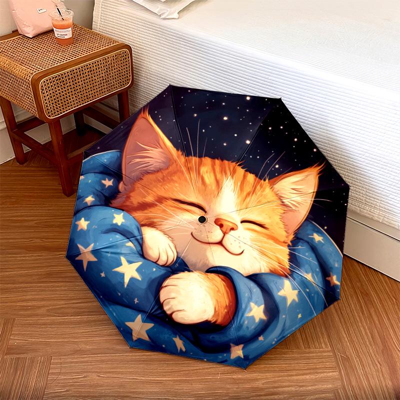 1 PC Automatic Folding Umbrella - Sleepy Kitten Pattern, Portable & Foldable Design with 8 Ribs, Christmas Birthday Gifts