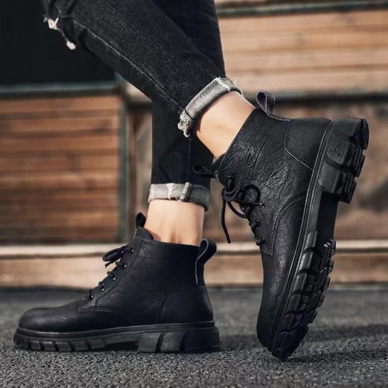 Fashion Boots Men's New Trendy British Style High Top Men's Shoes Casual Black Soft Soled Workwear Leather Boot Waterproof Boots for Men