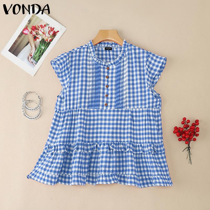 VONDA Women Sleeveless Ruffled Patchwork Plaid Casual Tank Tops Blouse