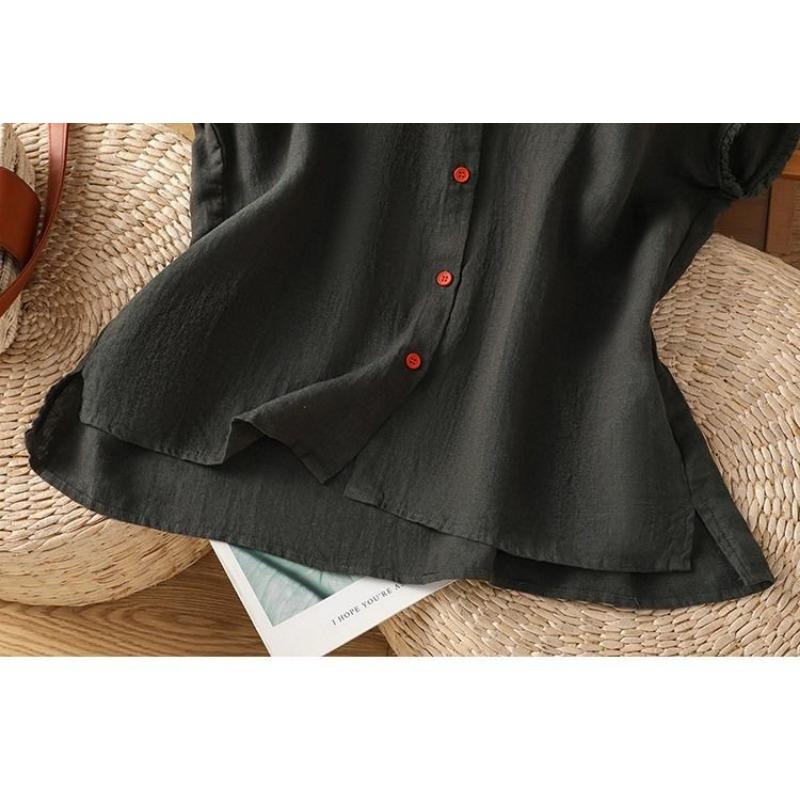 Women Solid Color Ruffle Linen Cotton Shirt Casual Cap Sleeve Breathable Summer Blouse